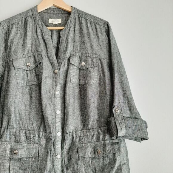 CHARTER CLUB / 100% Linen Utility Sleeve Jacket Metallic Silver Gray Sz L Petite - Picture 12 of 14